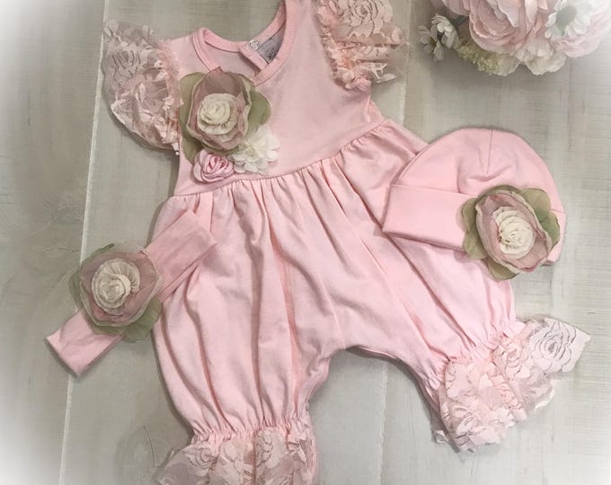 Handmade Baby Girl Lace Ruffle Romper, Soft Pink Cotton  Outfit