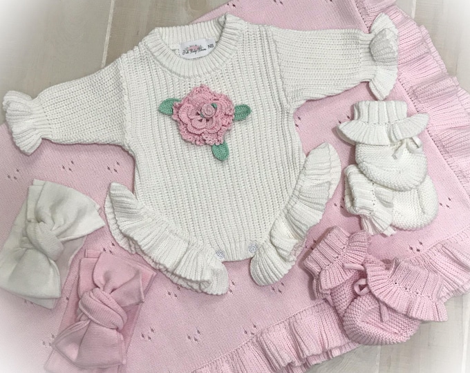 Baby Knit Sweater Romper, Coming Home Outfit, Baby Girl  Ruffle Hospital Outfit,Baby Shower Gift