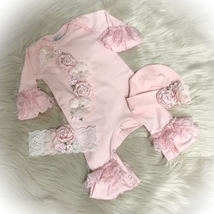 Newborn Girl Coming Home Outfit, Pink Newborn Ruffle Romper, Lace Ruffle Romper