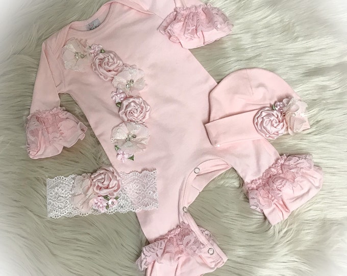 Newborn Girl Coming Home Outfit, Pink Newborn Ruffle Romper, Lace Ruffle Romper