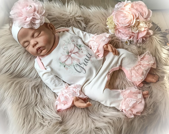 Newborn Personalized Girl Coming Home Gift, Baby Girl Pink Lace Bow Romper
