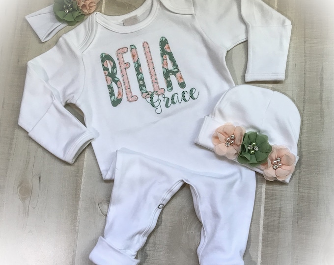 Personalized Newborn Girl Footed Romper, Baby Girl Monogrammed Outfit