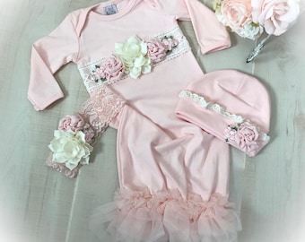 Newborn Girl Coming Home Gown: Pink Cotton, Venice Lace, Chiffon Flowers