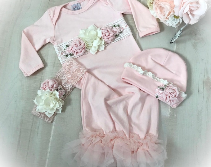 Newborn Girl Coming Home Gown: Pink Cotton, Venice Lace, Chiffon Flowers
