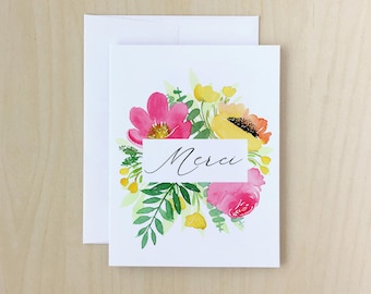 Merci, Floral thank you card, Flower watercolor painting card, Handmade card for her, Botanical painting, Teacher gift, Free shipping