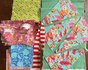 TULA PINK Tabby Road, Slow and Steady, Chipper Varied Size Fabric Scraps 8oz