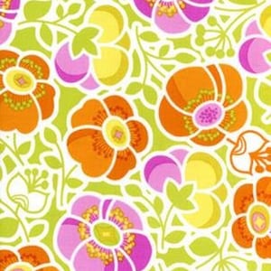 May include: A green fabric with a repeating pattern of orange, pink, and yellow flowers. The flowers have a white outline and are surrounded by green leaves.