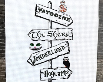 Magical Sign Post Cross Stitch Pattern, Geeky Culture, 20" x 30" Nerdy Signpost, Black & White Silhouette, Cross-Stitch Chart, Magic Places