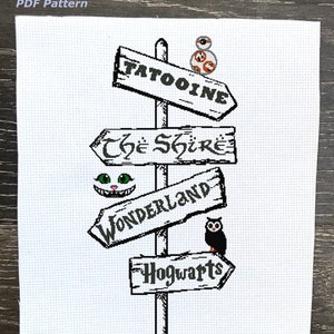 Magical Sign Post Cross Stitch Pattern, Geeky Culture, 20" x 30" Nerdy Signpost, Black & White Silhouette, Cross-Stitch Chart, Magic Places