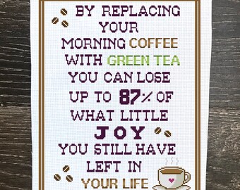 Funny Coffee Cross Stitch Pattern, Ironic Motivational Poster Download Snarky Green Tea Joke, Caffeine Lover Gift, Meme Embroidery Chart PDF