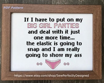 Sassy Cross Stitch Pattern, Big Girl Panties, Subversive Hand Embroidery Chart, Gift for Girlfriend, Funny / Snarky Quote, Instant Download