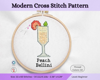 Padrão de ponto cruz para coquetel Bellini de pêssego, gráfico de bebidas de verão, download instantâneo em PDF