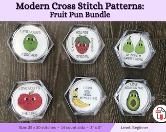 Pacote de padrões de ponto cruz com trocadilhos de frutas: mini designs para iniciantes (download digital)