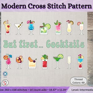 Wzory haftu krzyżykowego Flirty Cocktails, wzór tacy na letnie napoje, kolekcja kolorowych napojów, tabela zestawów napojów bezalkoholowych, natychmiastowe pobieranie