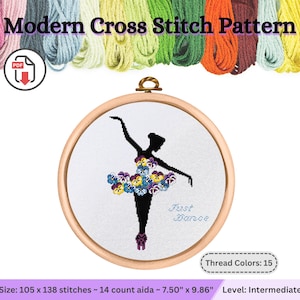 Geteld kruissteekpatroon voor kleine meisjeskamer, handgemaakte decoratie, viooltje bloem tutu outfit, silhouet danseres, dansende ballerina pdf