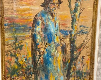 May include: A colorful painting of a man in a blue coat and a black hat, standing in a field with a walking stick. The background is a sunset with orange, yellow, and pink hues.