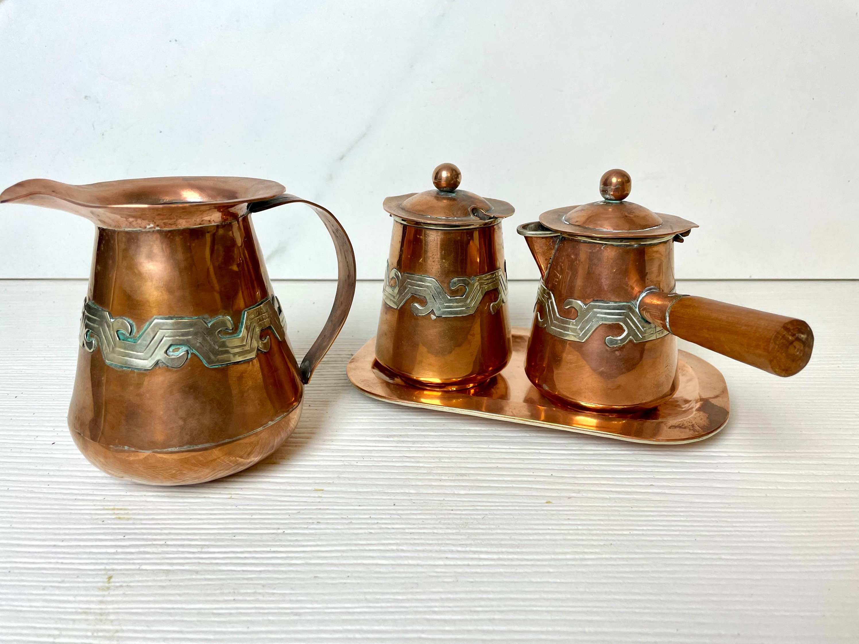 Antique Copper Coffee Pot Set with Brass Bands Mission Era, Matching Milk  Pitcher Sugar Bowl