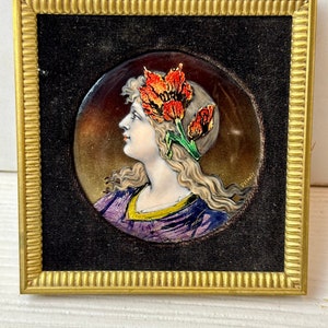 Antique French Art Nouveau enamel portrait miniature in bronze frame