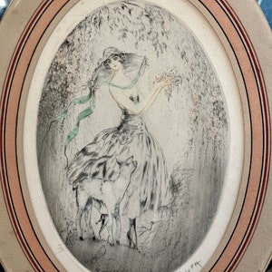 Antique original art deco aquatint etching by Gaston Simoes De Fonseca of lady