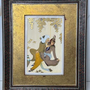 Antique Fine quality Original Persian signed  painting miniature on bone panel in antique Khatam mosaic frame .
