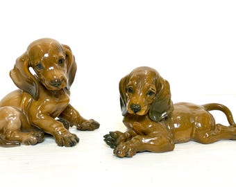 Para dużych figurek szczeniaków Dauchsund z połowy XX wieku, Rosenthal Niemcy, stan idealny. Heinrich