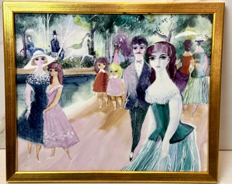 May include: A watercolor painting depicting a group of people in a park setting. The painting features a woman in a green dress, a man in a suit, and several children. The painting is framed in a gold frame.