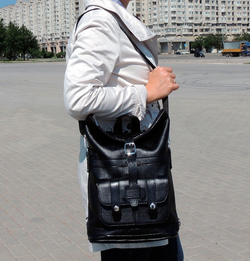 \u0421onvertible shoulder bag black women Leather backpack purse for women Roll top rucksack Medium handmade backpack with zipper with pockets