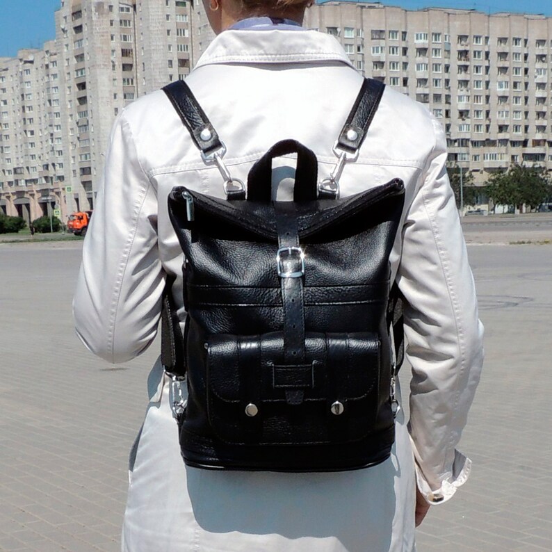 \u0421onvertible shoulder bag black women Leather backpack purse for women Roll top rucksack Medium handmade backpack with zipper with pockets