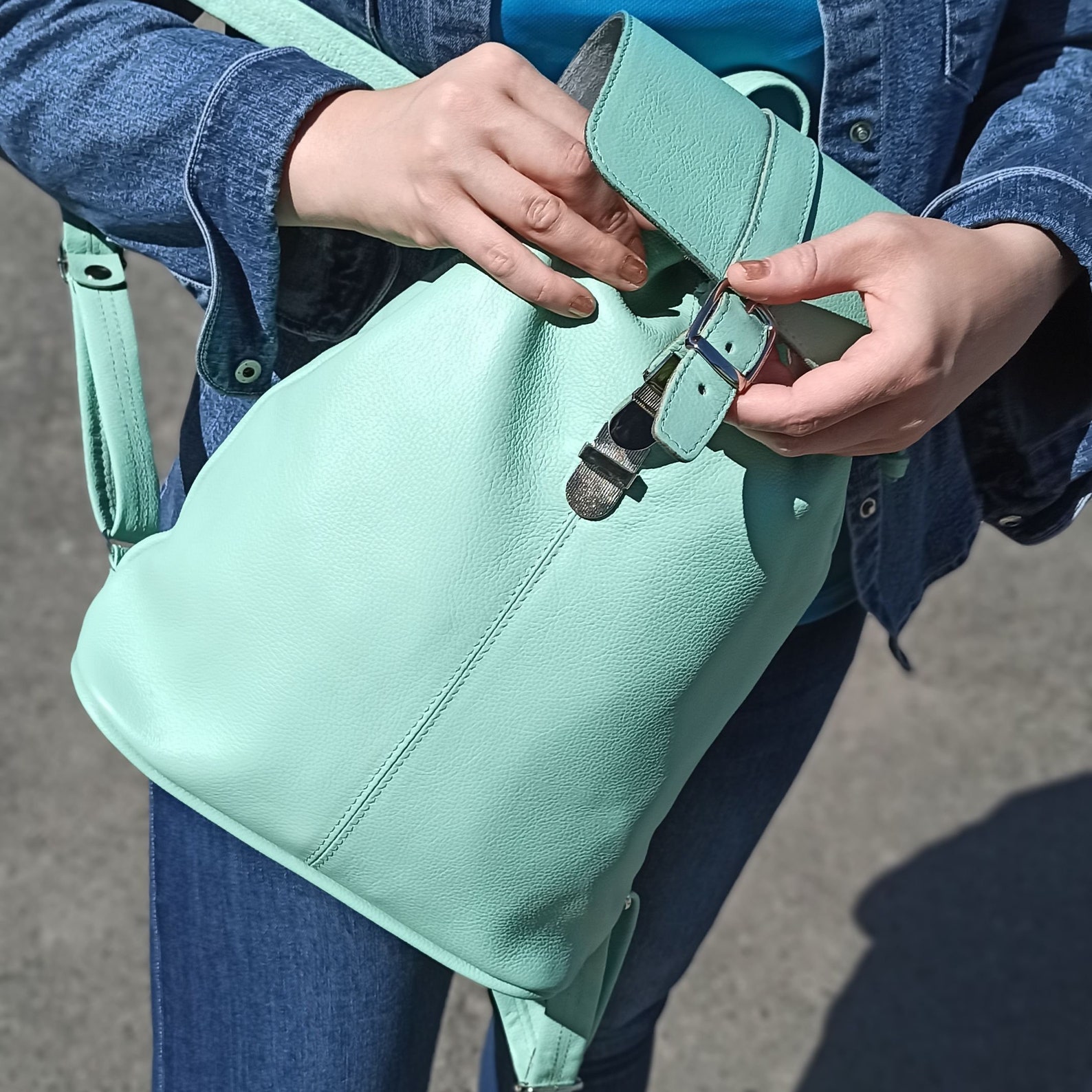 Light green backpack leather women Handmade minimalist girls Etsy