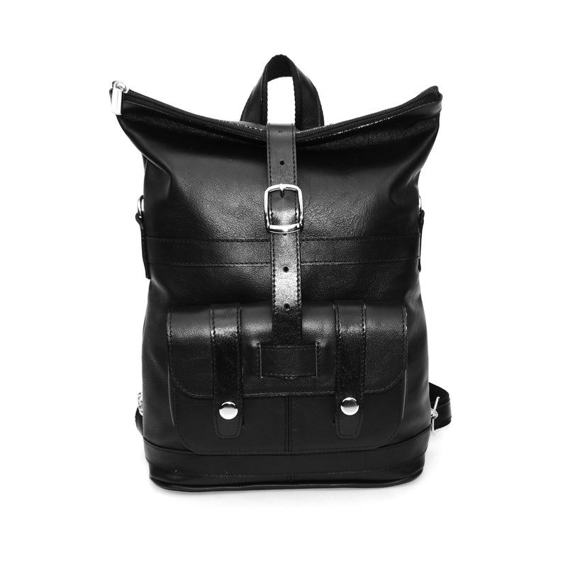 \u0421onvertible shoulder bag black women Leather backpack purse for women Roll top rucksack Medium handmade backpack with zipper with pockets