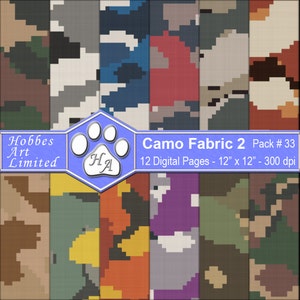 May include: A digital paper pack with 12 different camouflage patterns. Each pattern is 12 inches by 12 inches and 300 dpi. The pack is called "Camo Fabric 2" and is pack number 33.