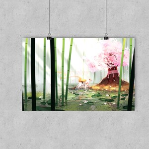 May include: A white fox with a yellow tail walks through a bamboo forest. The fox is walking towards a large pink cherry blossom tree. The forest floor is covered in green lily pads and water.