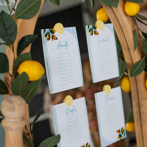 Puede incluir: Un espejo con un marco de madera decorado con una guirnalda de limones y vegetación. El espejo refleja tarjetas con los nombres de ciudades italianas, como Amalfi, Sorrento, Nápoles, Florencia y Sicilia, escritas en letras azules y blancas.
