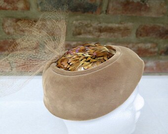 Vintage Brown Hochschild Kohn and Co. of Baltimore, Velvet Hat with Feathers and Lace, Stage Prop, Gift Idea