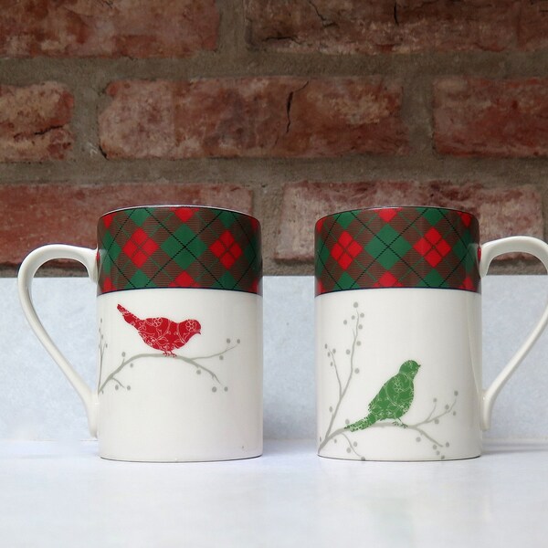 Vintage 222 Fifth Christmas Bird Mugs, Fine China Porcelain Cups, Red and Green Birds, Gift Idea