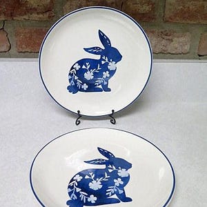 Vintage Blue Bunny Salad Plates, Home Decor, Country Kitchen, Set of Two, Gift Idea