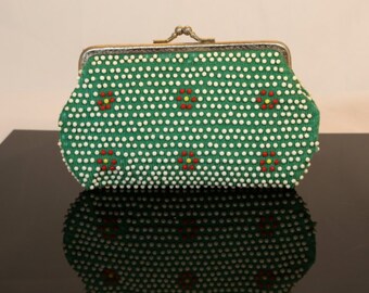 Vintage Beaded Green, White and Red Clutch, 1970's Retro Clutch, Collectible, Gift for Her, Shower Gift
