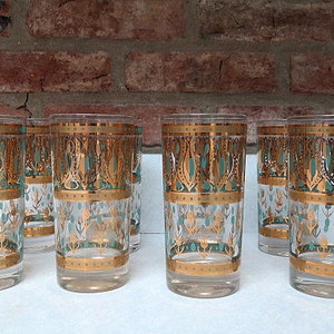 MCM Mid Century Signed Fred Press Turquoise & Gold Pattern Highball Glasses Set of 8