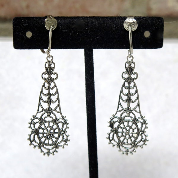 Vintage Sterling Silver Victorian Revival Style Filigree Dangling Earrings, Gift Idea, Retro Jewelry, Prom Night Bling