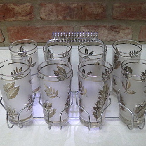 Vintage Set of 8 Libbey Frosted Gold Leaf Glass Tumblers with Atomic Silver Caddy, Home Accent, Gift shops Idea