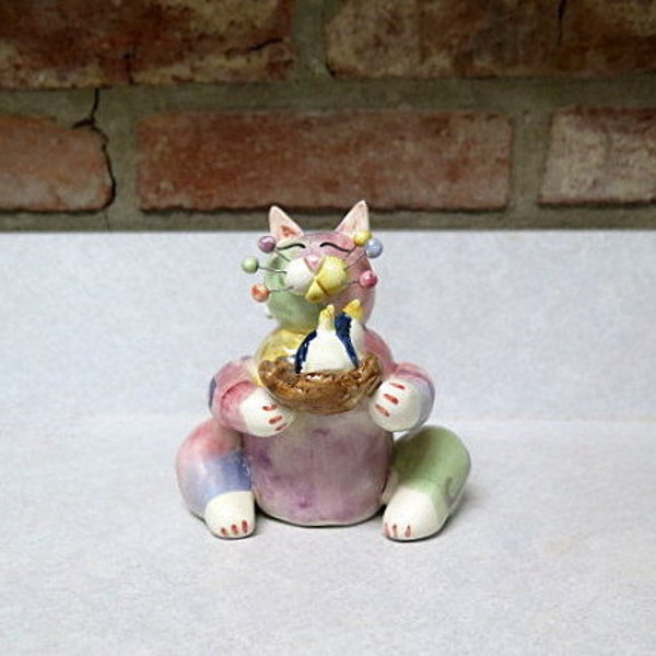 Vintage Annaco Creations Cat with Blue Bird Nest Figurine, Signed Collectible Figurine, Gift for Her, Home Accent