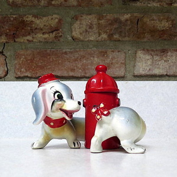 Vintage Wiener Dog Salt and Pepper Shaker Set with Red Fire Hydrant Sugar Bowl Mid Century, Dachshund, Dog Chasing Tail, Hot Dog Dog