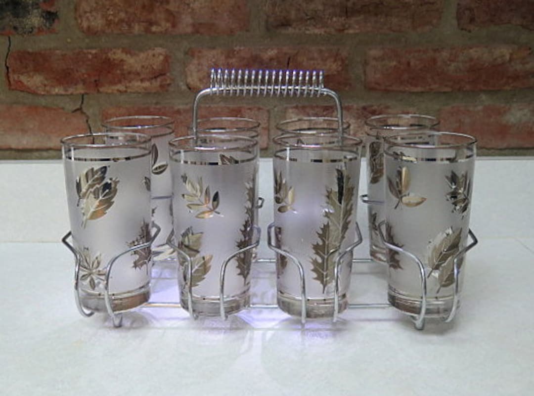Vintage Set of 8 Libbey Frosted Gold Leaf Glass Tumblers With Atomic