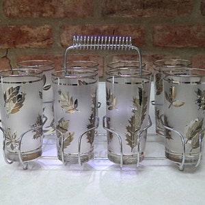 Vintage Set of 8 Libbey Frosted Gold Leaf Glass Tumblers with Atomic Silver Caddy, Home Accent, Gift Idea