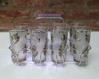Vintage Libbey Frosted Gold Leaf MCM Glass Tumblers and Atomic Silver Caddy