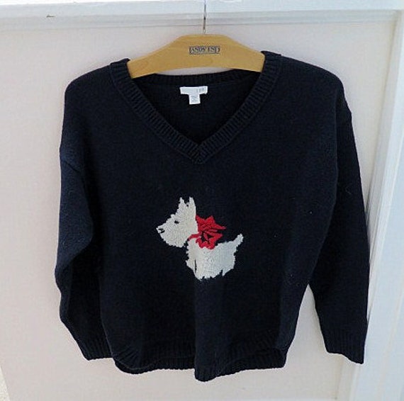 Vintage J Jill Scottie Dog Sweater Women's XSP, Black Bluish With White  Scottie in Red Bow, Holiday Sweater, Gift Idea 