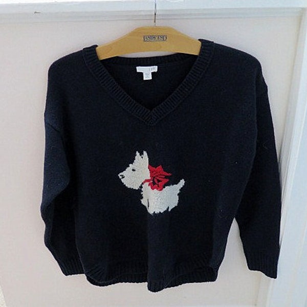 Vintage J Jill Scottie Dog Sweater Women's XSP, Black Bluish with White Scottie in Red Bow, Holiday Sweater, Gift Idea