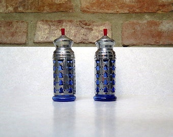 Vintage Colbalt Blue Glass Silver Plated Japanese Salt and Pepper Shaker Set, Home Accent Gift Idea