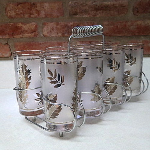 Vintage Set of 8 Libbey Frosted Gold Leaf Glass Tumblers with Atomic Silver Caddy, Home Accent, Gift shops Idea