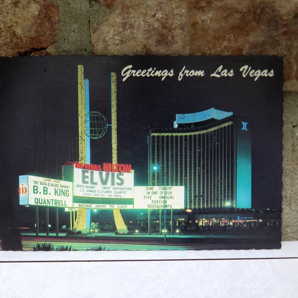 Vintage 1972 ELVIS PRESLEY Las Vegas Hilton Postcard, BB King Quantrell J D Summers Stamps